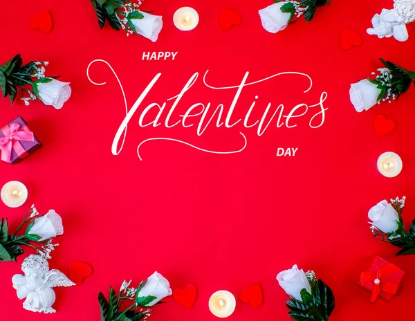 Happy Valentine Day Card Online Banner Greeting Card Flat Lay — Stock Photo, Image