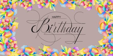 Kartpostal, internet afişi, doğum günü tebrikleriyle dolu düz uzanma, yazıyla - mutlu yıllar suluboya çiçekleriyle