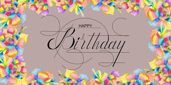 Kartpostal, internet afişi, doğum günü tebrikleriyle dolu düz uzanma, yazıyla - mutlu yıllar suluboya çiçekleriyle