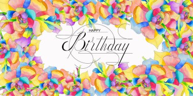 Kartpostal, internet afişi, doğum günü tebrikleriyle dolu düz uzanma, yazıyla - mutlu yıllar suluboya çiçekleriyle