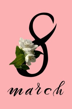 8 Mart Uluslararası Kadınlar Günü! Düz Yat, afiş, 8 Mart 'tan kalma çiçekli tebrik kartı.