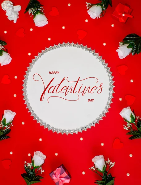 Happy Valentine Day Card Online Banner Greeting Card Flat Lay — Stock Photo, Image