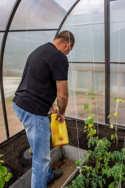 Bir adam bir serada sebzelerle, sulama kutusundan sebzeleri sulayarak, bahçeyle ve çiftçilikle çalışıyor.