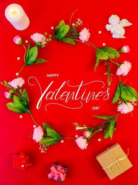 ハッピーバレンタインデー カード オンラインバナー グリーティングカード バレンタインデーにフラットレイ — ストック写真
