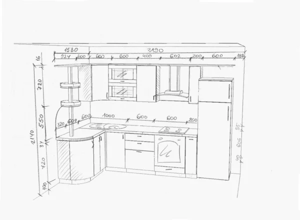 Drawing Sketch Kitchen Furniture Dimensions — Stock Photo, Image