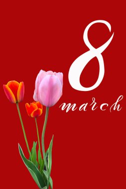 8 Mart Uluslararası Kadınlar Günü! Düz Yat, afiş, 8 Mart 'tan kalma çiçekli tebrik kartı.