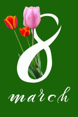 8 Mart Uluslararası Kadınlar Günü! Düz Yat, afiş, 8 Mart 'tan kalma çiçekli tebrik kartı.