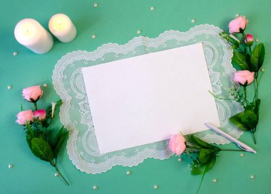 Kart, pankart, şablon, kopyalama alanı, düz döşeme, selamlama, bir tatil davetiyesi, Anneler Günü, Sevgililer Günü, doğum günü, düğün