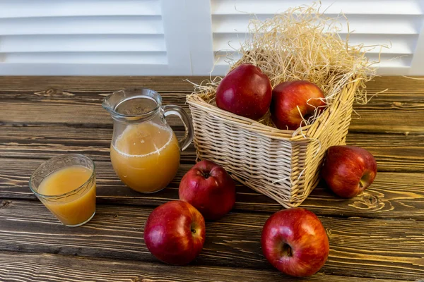 Red Apples Basket Apple Juice Jug Wooden Table — Stock Photo, Image