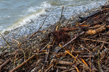 Fırtınadan sonra Karadeniz, kıyıda kahverengi su ve enkaz