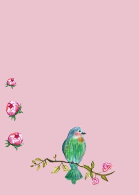 bayram kartı, doğum günü, suluboya resimli düğün kuşları