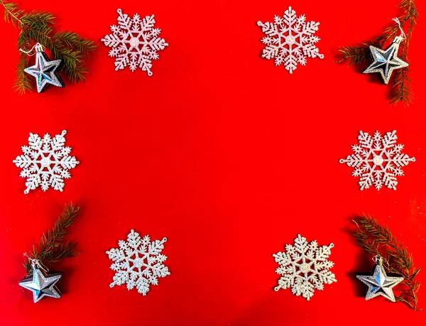Karácsony Újév Lakás Feküdt Másolási Hely Piros Háttér — Stock Fotó