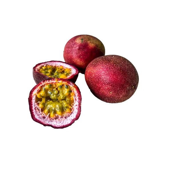 Een Foto Van Fruit Een Witte Achtergrond Passievruchten Snijden Isoleren — Stockfoto