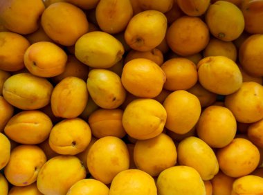 Mağazanın tezgahında bir sürü kayısı resmi var.