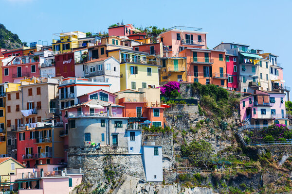 Colorful houses built at a hill in Manarola, Cinque Terre, Italy
