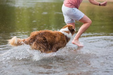 Nehirde bir köpekle kadın çalış