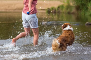 Nehirde bir köpekle kadın çalış