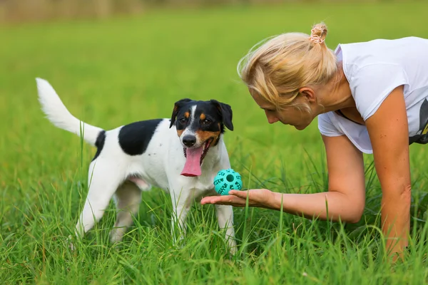 Femme jouant au ballon avec un chien — Photo