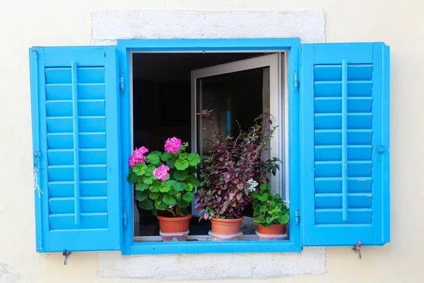 Quadro Uma Janela Decorativa Com Persianas Azuis Vasos Flores — Fotografia de Stock