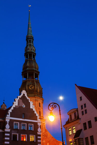 Old town in Riga, Latvia, with blue night sky