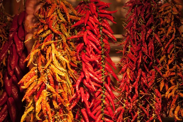 Chili ristras on a market stand — Stock Photo, Image