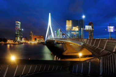 Rotterdam, Hollanda 'daki Rotterdam' da gece Erasmus Köprüsü 'nde