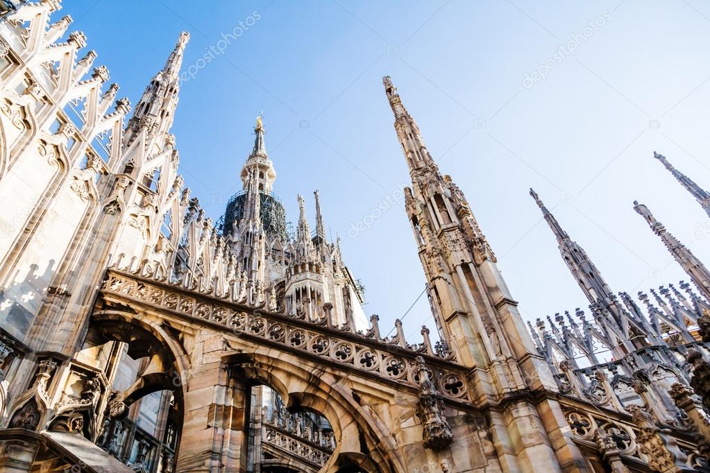 Detail of the top of the Milan Cathedral in Milan, Italy