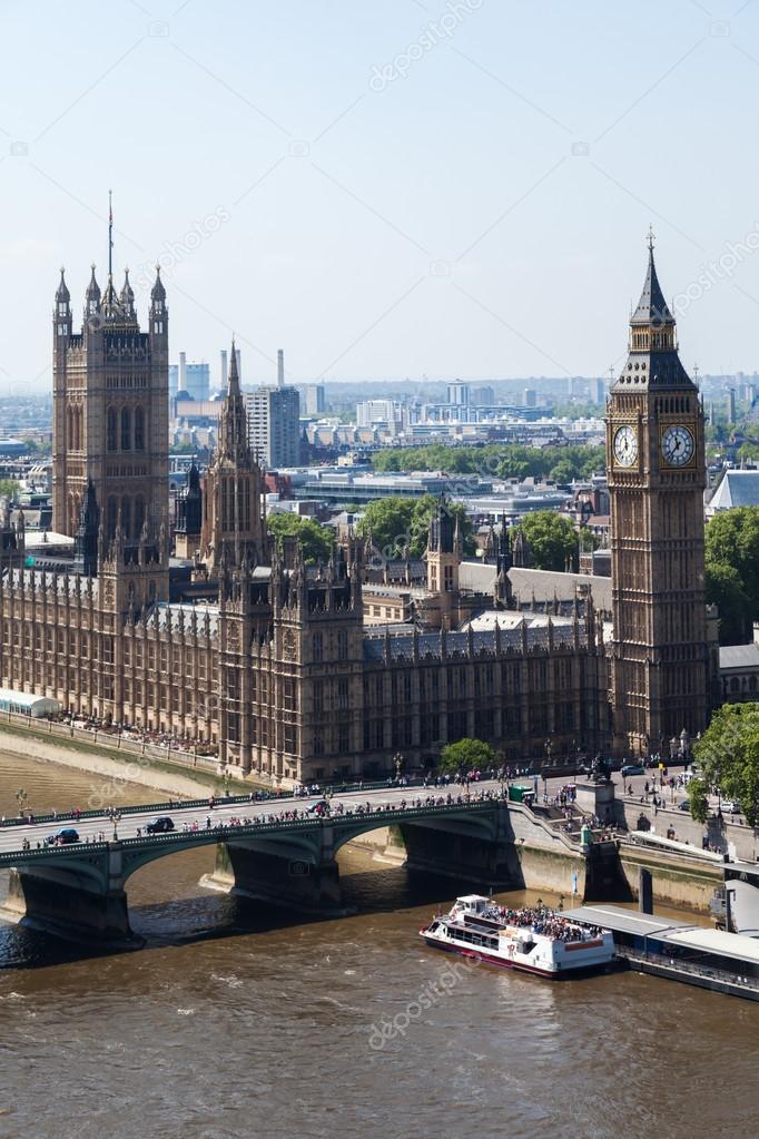 Aerial view of London with the Big Ben and Westminster Palace