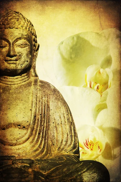 Buddha figure and orchid flowers with decorative old style texture — Stock Photo, Image