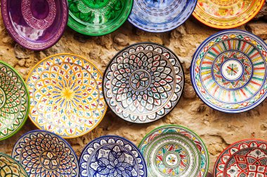 Traditional handmade plates in Morocco clipart