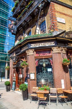 Londra, İngiltere'de modern gökdelenler önünde pub Albert