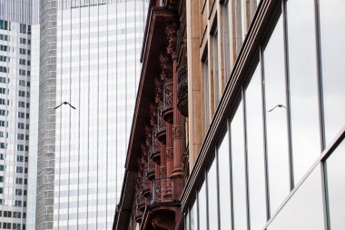 Frankfurt, Almanya, finans bölgesine uçan bir kuş ile eski ve yeni binalarda