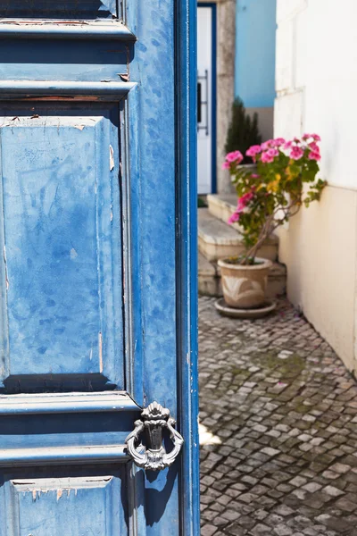 Imagen idílica de una puerta vieja con vistas al patio con una maceta flores de geranio — Foto de Stock