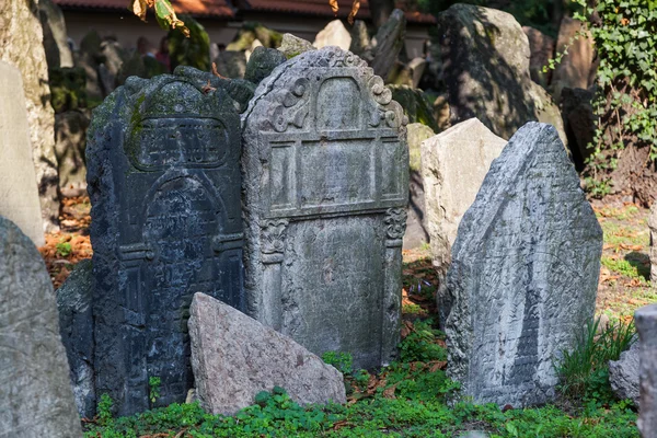 Prague, Çek Cumhuriyeti Yahudi mahallesinde eski Yahudi mezarlığına üzerinde antik mezar taşları — Stok fotoğraf