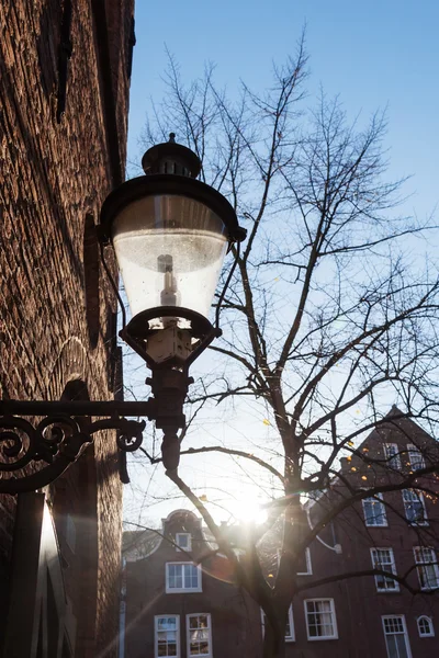 Straßenlaterne im Gegenlicht in der Altstadt von Amsterdam, Niederlande — Stockfoto