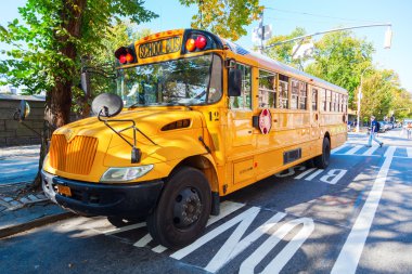typical NYC yellow school bus in Manhattan, NYC