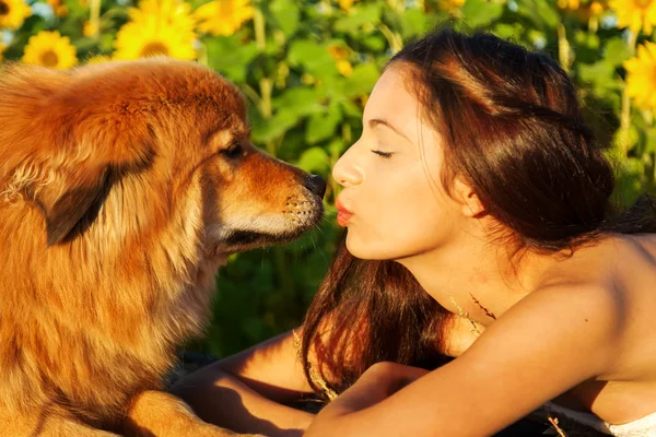 Досить молода дівчина зі своєю собакою — стокове фото