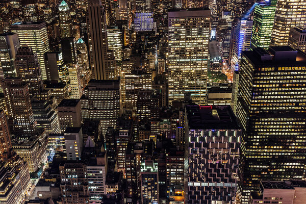 Aerial view of midtown Manhattan, NYC, at night