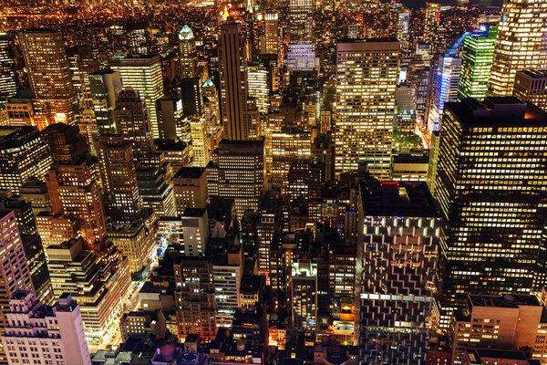 Aerial view of midtown Manhattan, NYC, at night