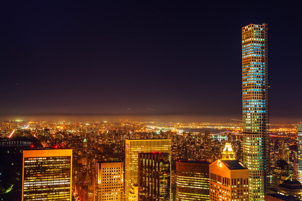 aerial view of Manhattan, NYC, at night