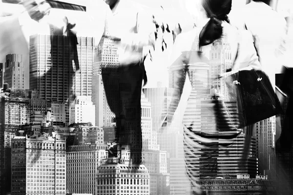 black and white composite picture of city people and skyscrapers in NYC