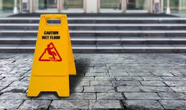 Warning Sign Caution Wet Floor Street Front Building Raining Season — Stock Photo, Image