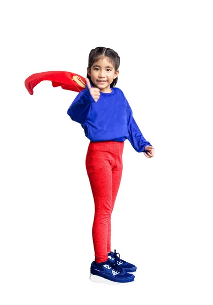 Little Child Plays Superhero Kid Background Bright Blue Wall Girl — Stock Photo, Image