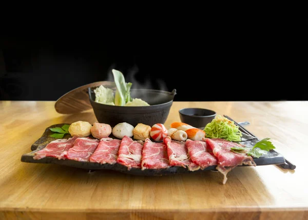 Conjunto Carne Crua Fresca Shabu Carne Bovina Suína Condição Com — Fotografia de Stock