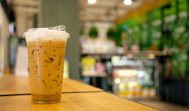 ice latte coffee with innovation plastic cup no need straw for reduce plastic used concept 