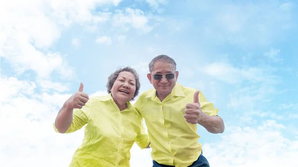 Buena Confianza Senior Asiática Saludable Recomiendan Vacaciones Viaje Juntos Cielo — Foto de Stock