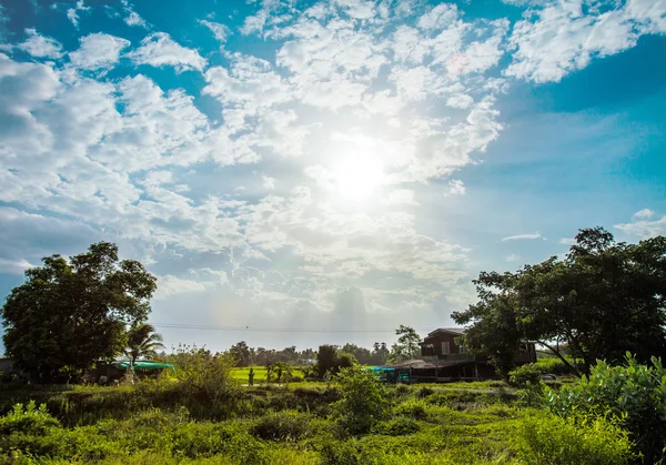 Sol brilhante com clarão de lente. Céu azul com nuvens na vida rural — Fotografia de Stock