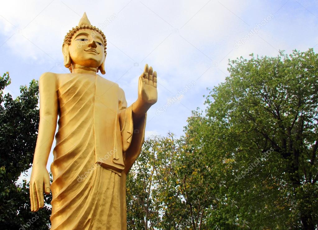 Buddha gold statue standing hand in forest