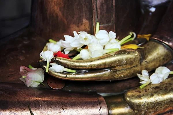 Flor de jasmim na mão estátua buddha — Fotografia de Stock