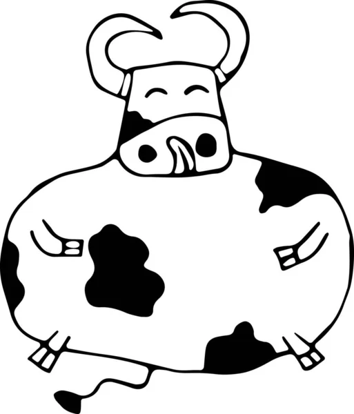 Ilustração vetorial de uma vaca gorda, um touro abraçando sua barriga com a língua saliente em um estilo Doodle. Conceito de vida selvagem, agricultura, signos do zodíaco, Ano Novo, Ano Novo chinês. Pode ser usado para — Vetor de Stock